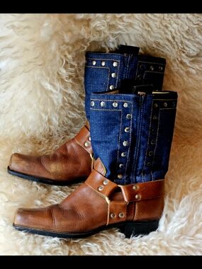 dingo Vintage 1970s Leather and Blue Denim Studded Heeled Boots 5.5